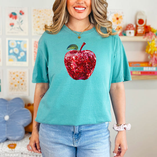 Red disco faux glitter apple Comfort Colors tee in Seafoam - view 3