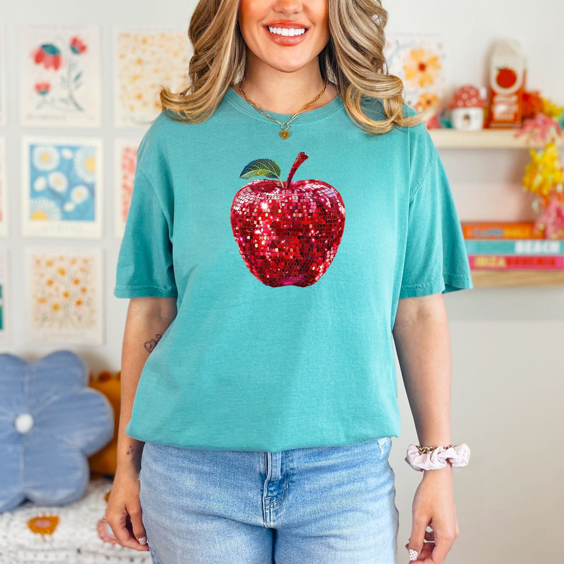 Red disco faux glitter apple Comfort Colors tee in Seafoam - view 3