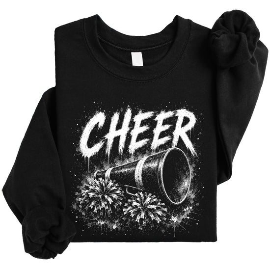 Black cheer pom poms sweatshirt detail shot showing ribbed cuffs and hem on the cotton-poly fleece