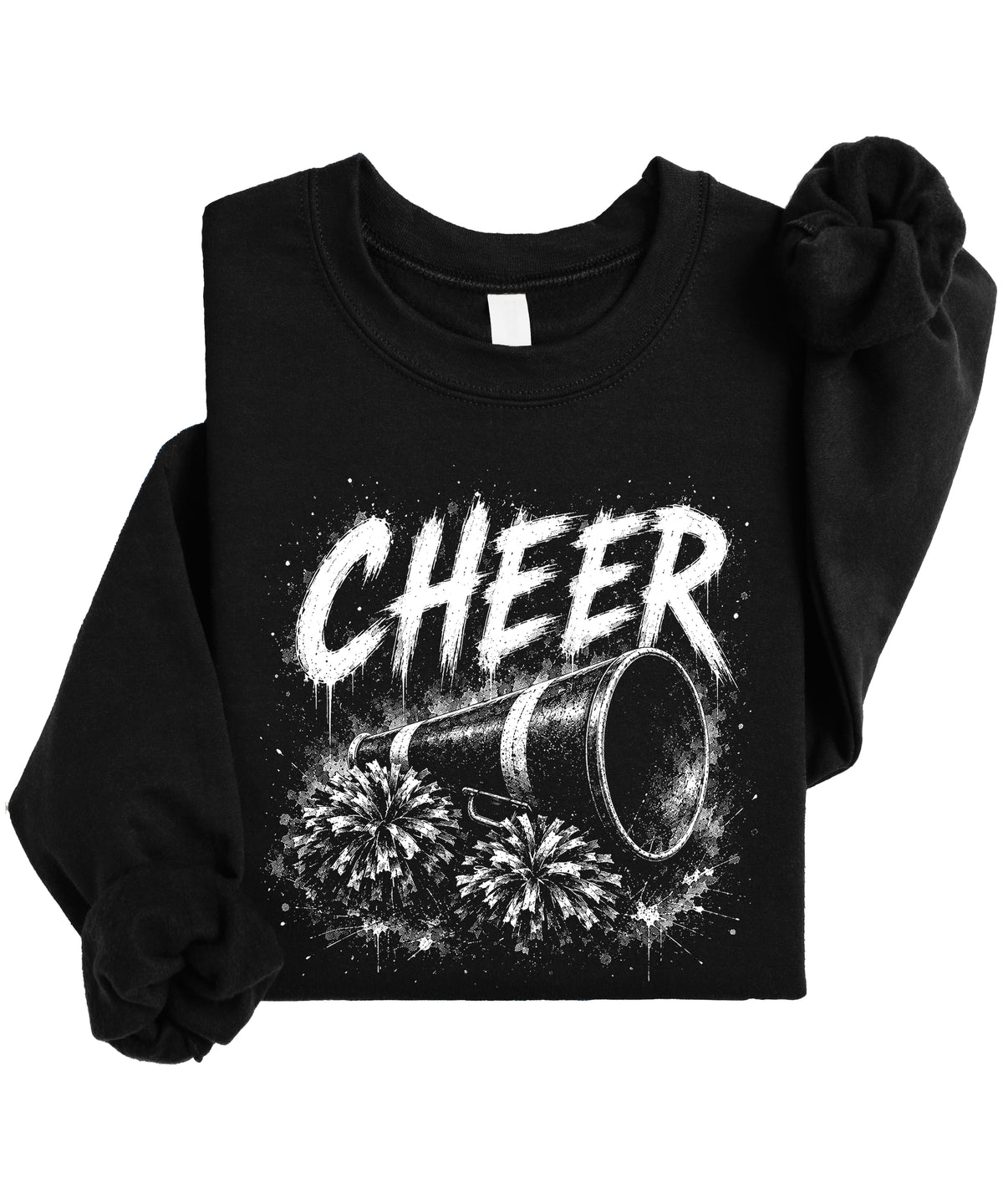 Black cheer pom poms sweatshirt detail shot showing ribbed cuffs and hem on the cotton-poly fleece