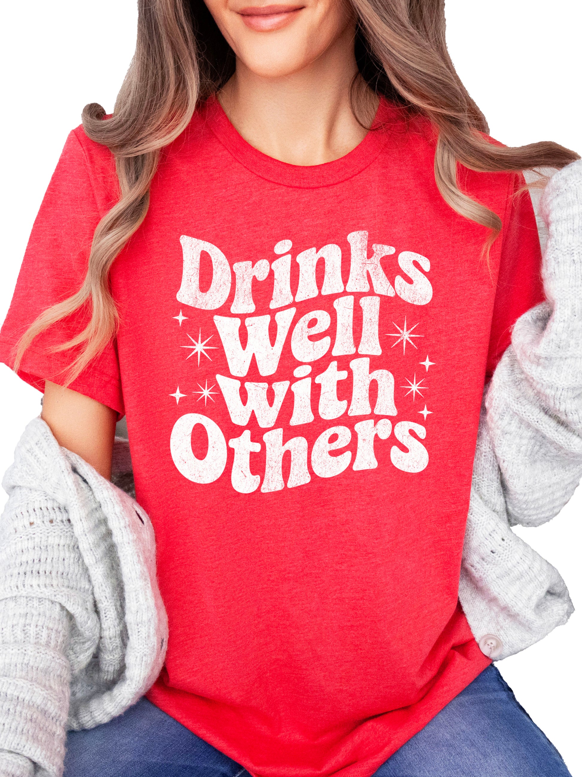 Drinks Well With Others funny graphic tee for women in Vintage Red, front view