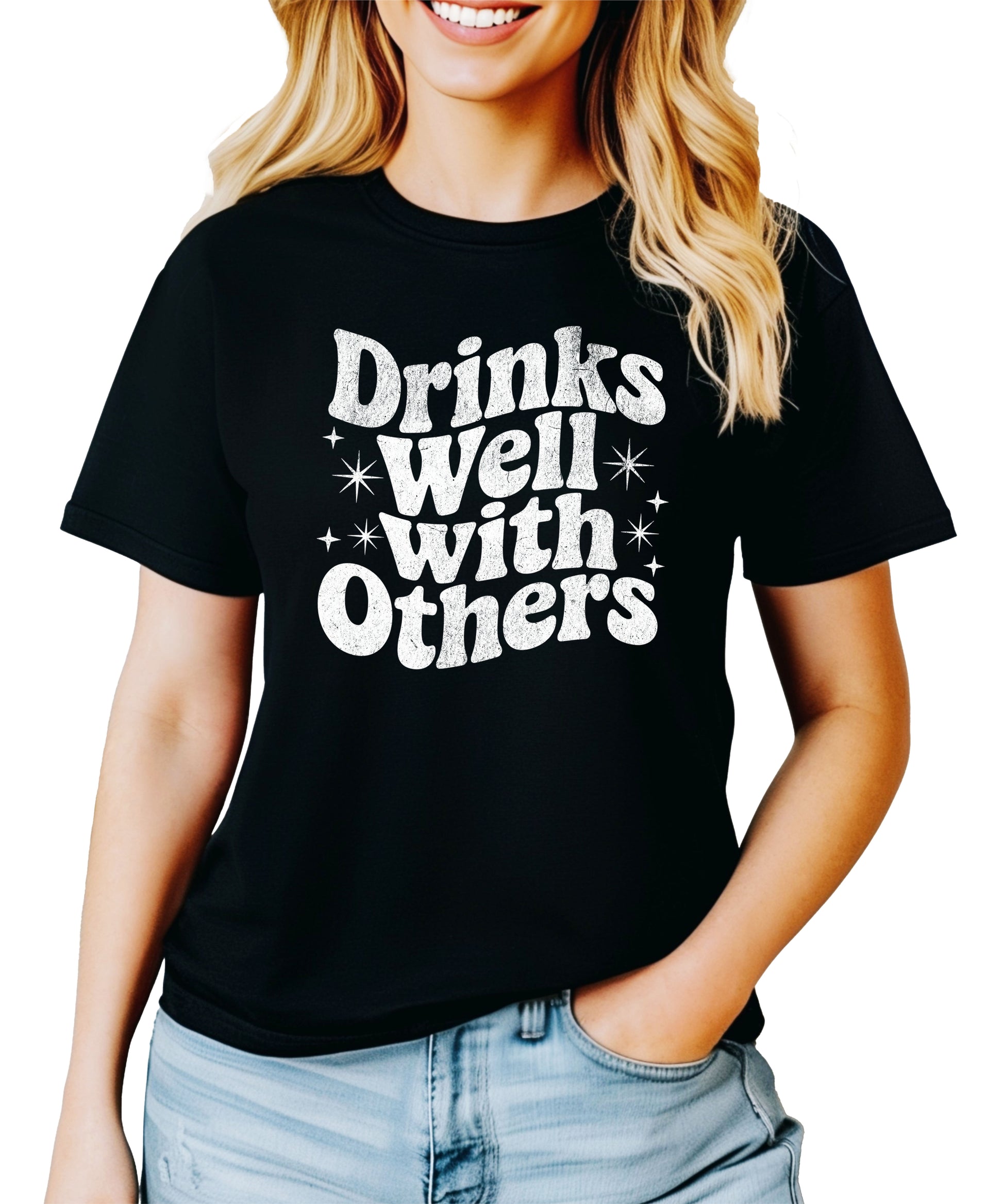 Drinks Well With Others funny graphic tee for women in Black, back view