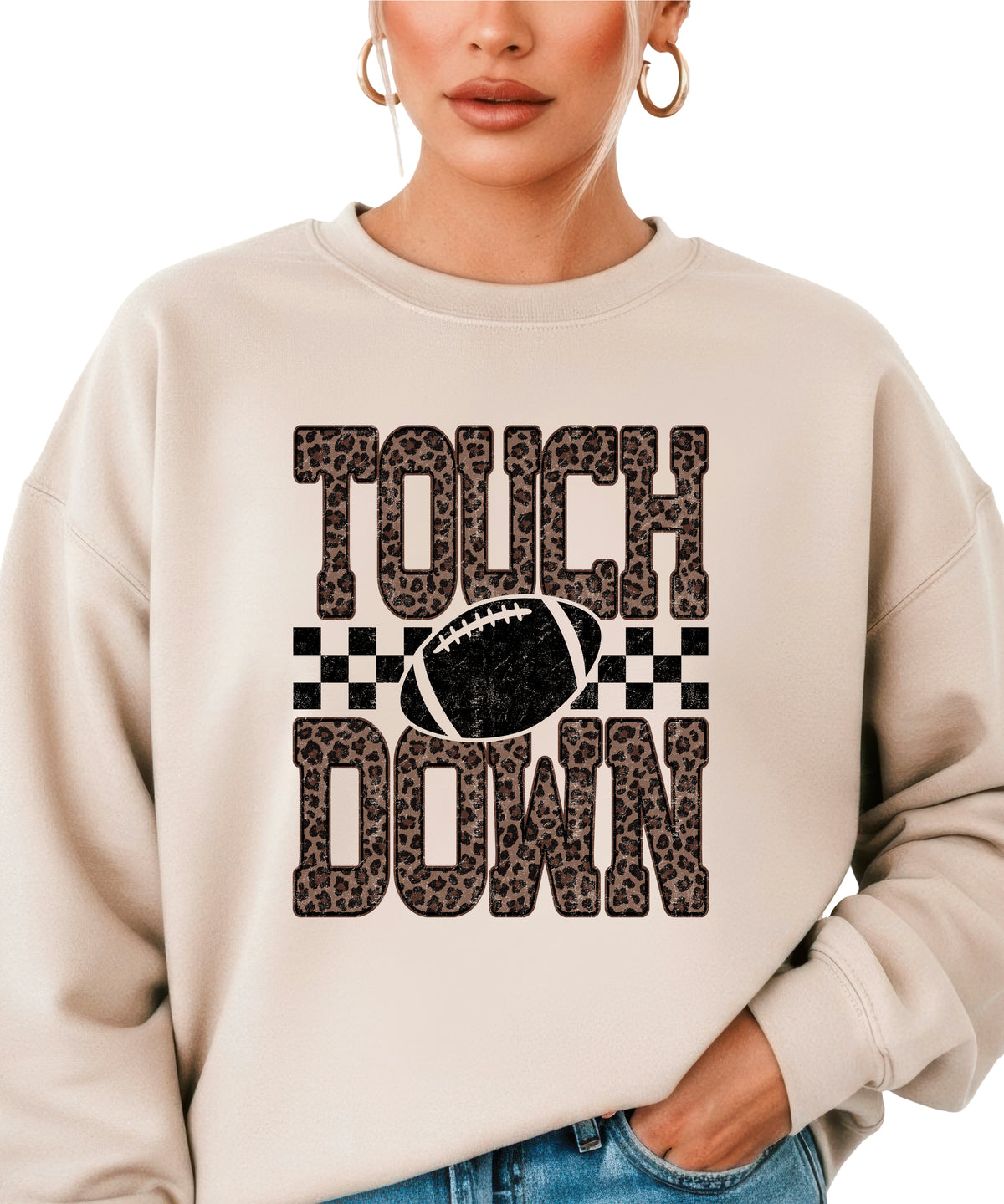 Touchdown leopard print football sweatshirt Sand view 1