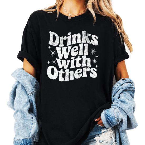 Drinks Well With Others funny graphic tee for women in Black, detail view