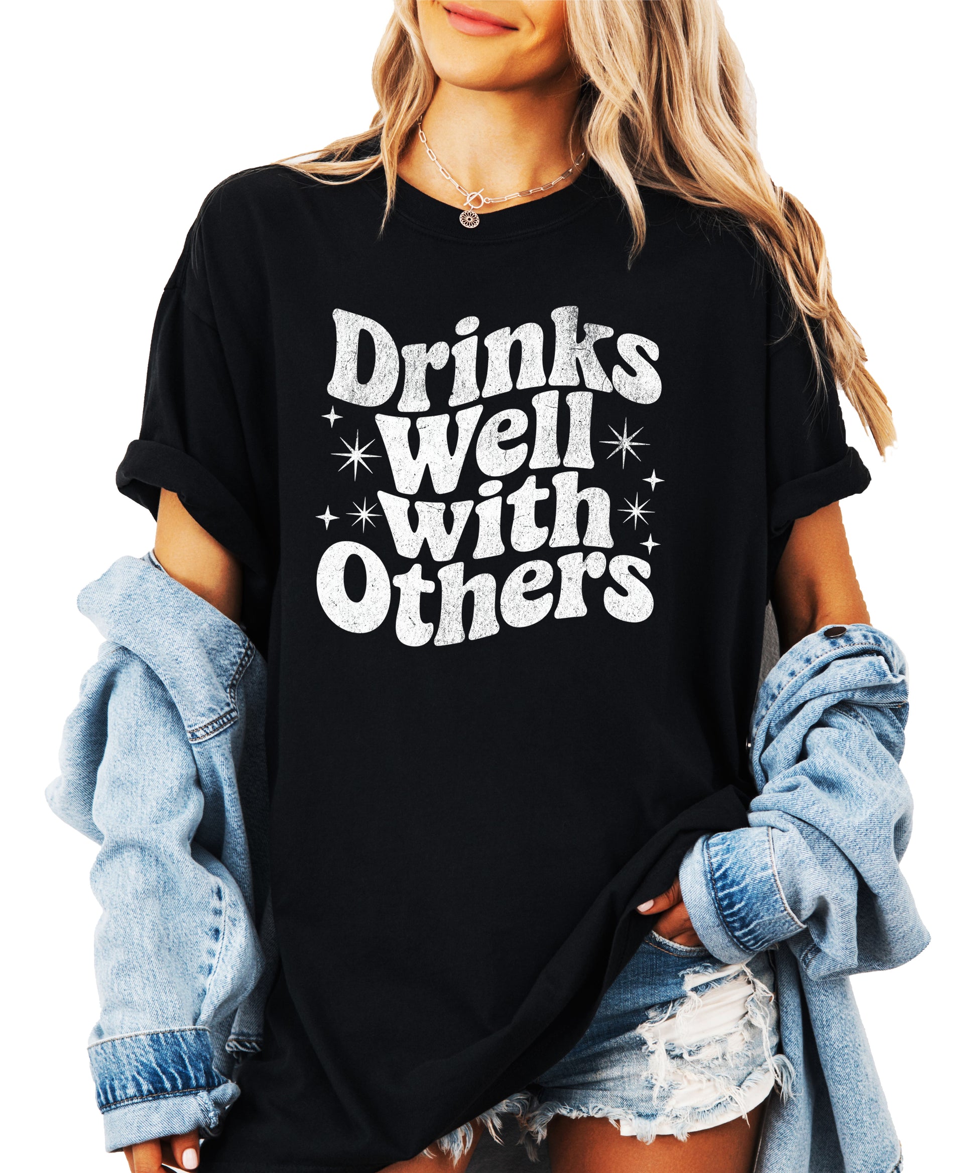 Drinks Well With Others funny graphic tee for women in Black, detail view