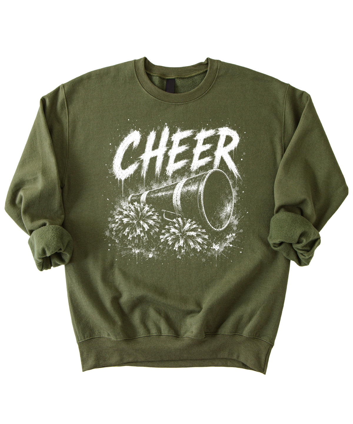 Army Green cheer pom poms sweatshirt detail shot showing ribbed cuffs and hem on the cotton-poly fleece