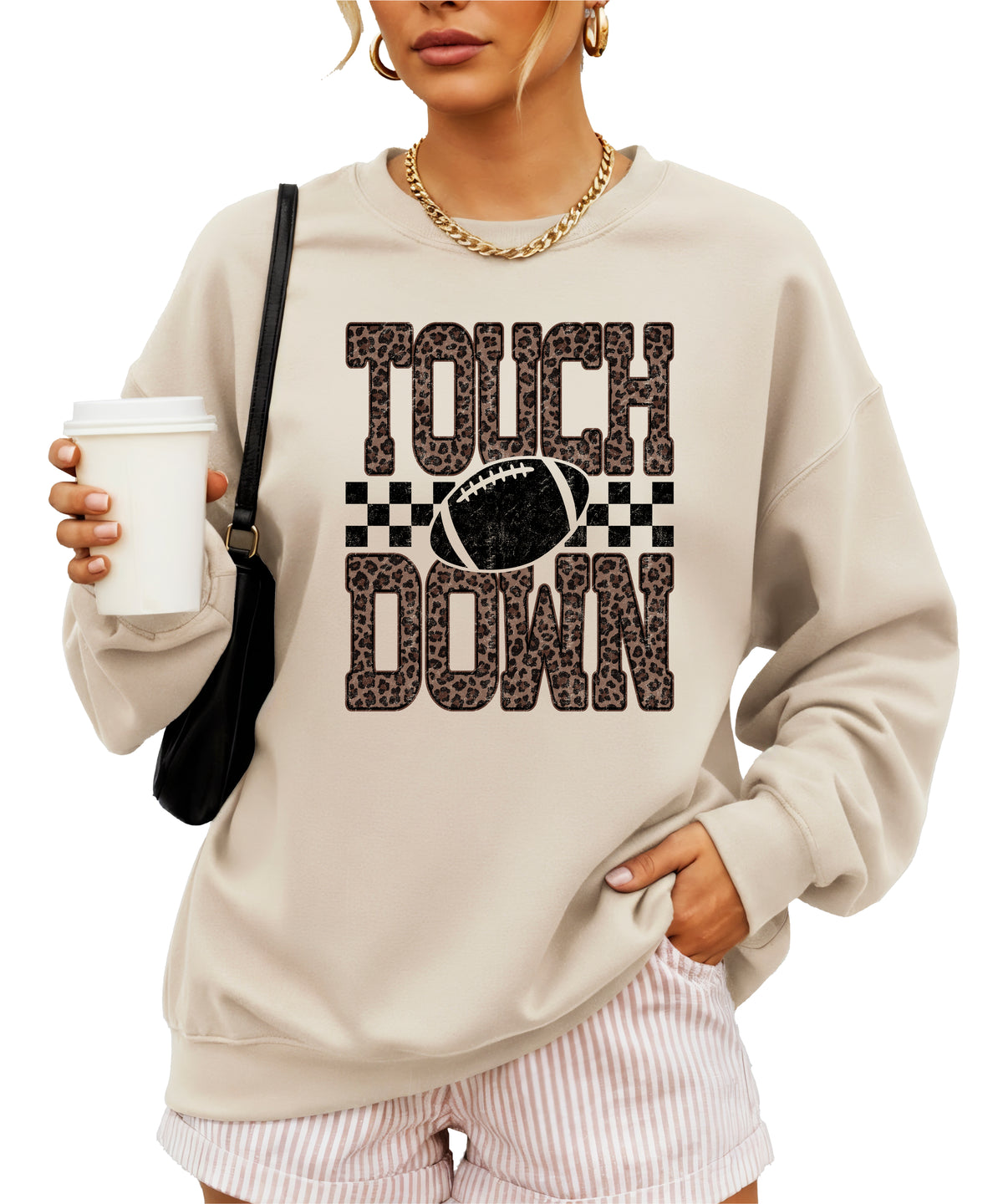 Touchdown leopard print football sweatshirt Sand view 2