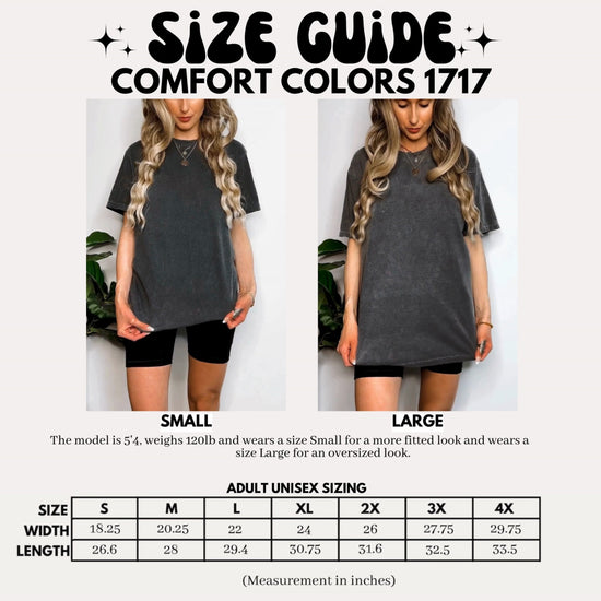 Comfort Colors 1717 womens size guide chart with width and length measurements