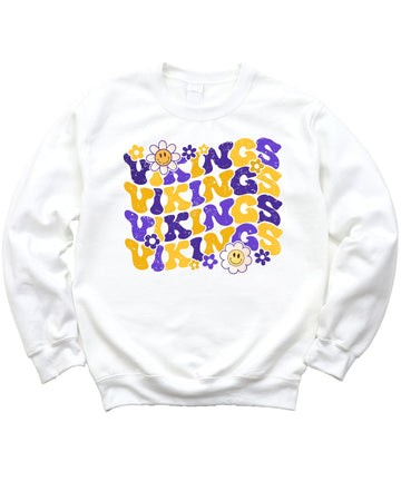 Vikings Team Sweatshirt for Women, Teens & Kids Floral Groovy Sports Team Sweater