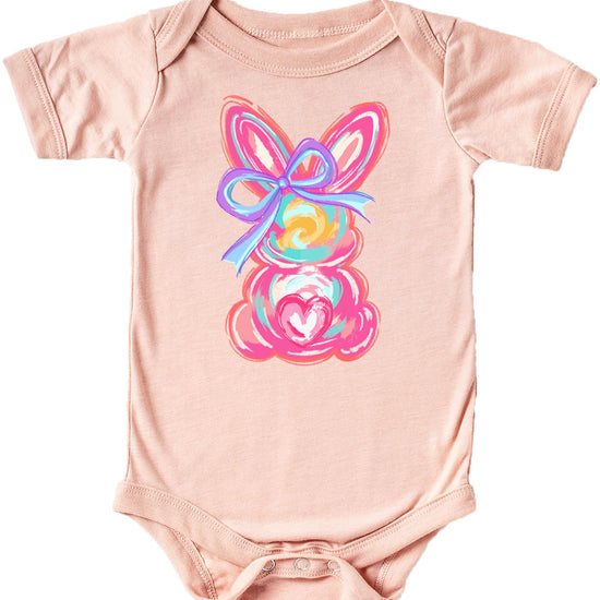 Flat lay of purple Easter bunny baby bodysuit showing full graphic design