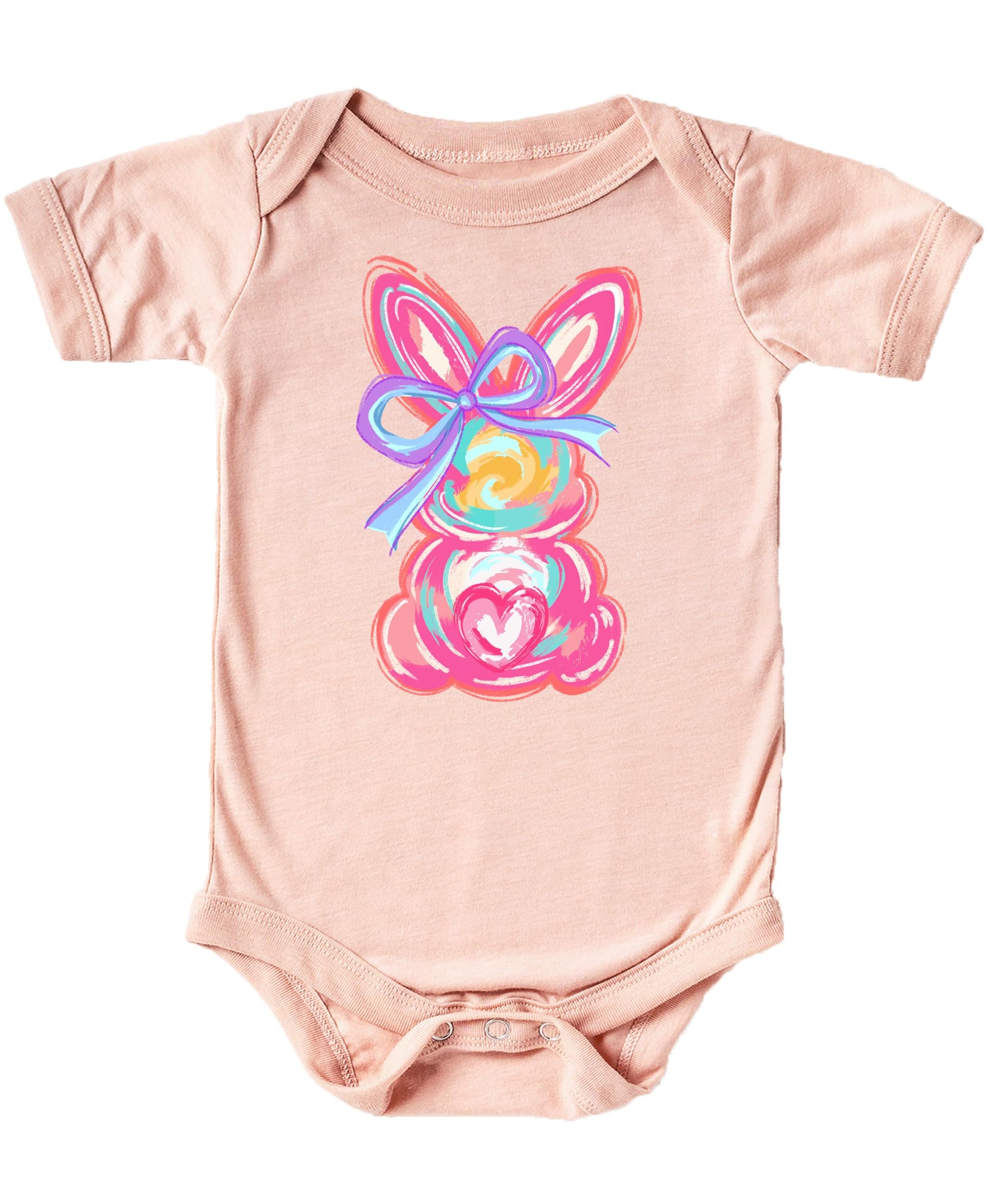 Flat lay of purple Easter bunny baby bodysuit showing full graphic design