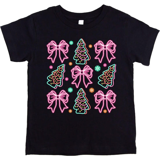 Women's black graphic tee featuring electric neon Christmas trees and colorful gift bows holiday design