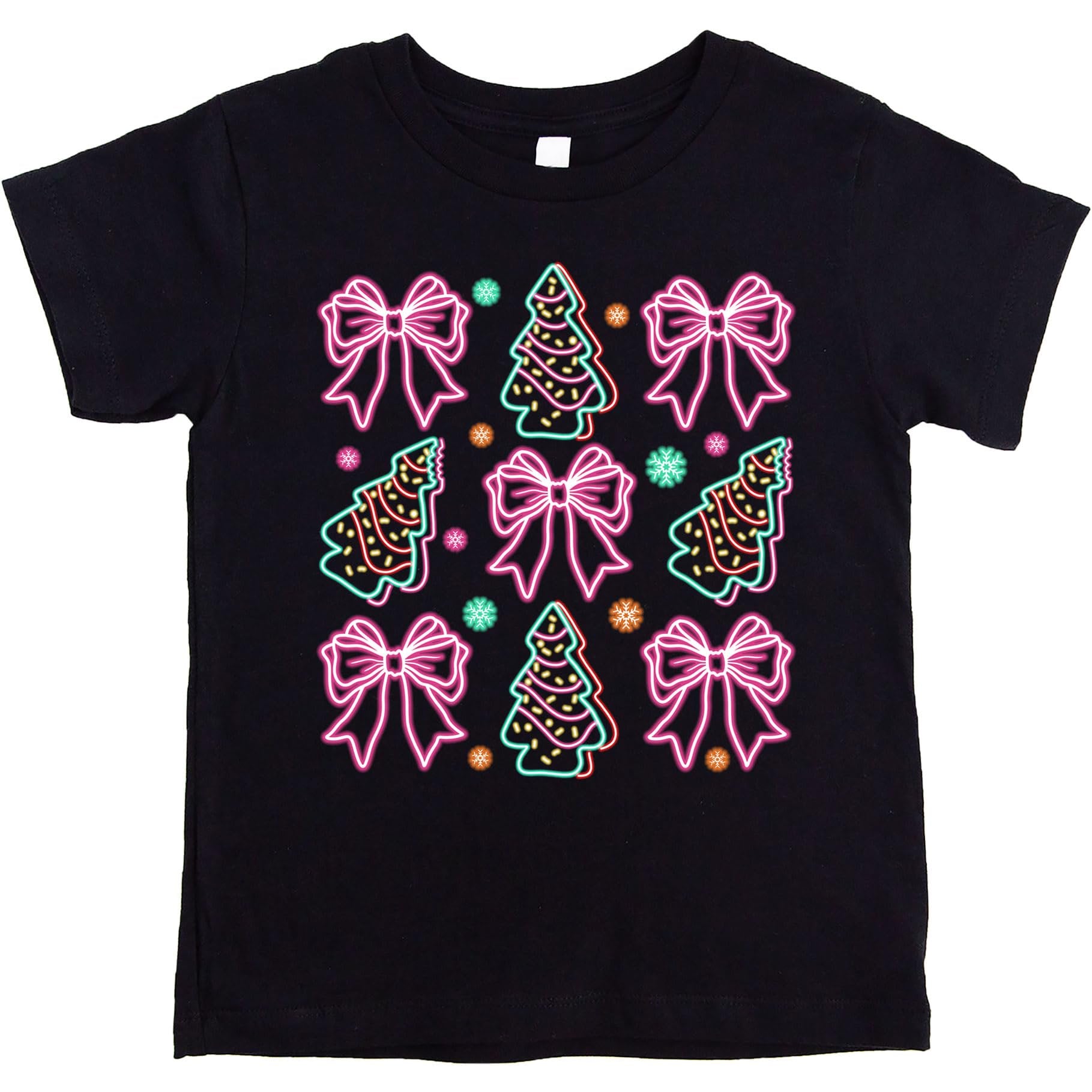 Women's black graphic tee featuring electric neon Christmas trees and colorful gift bows holiday design