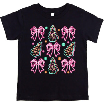 Women's black graphic tee featuring electric neon Christmas trees and colorful gift bows holiday design
