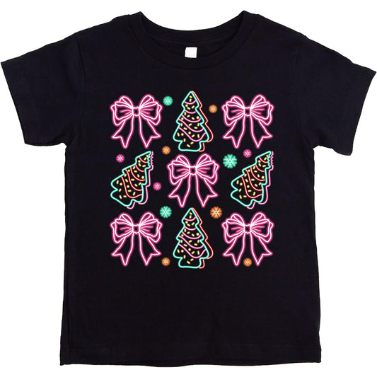Women's black graphic tee featuring electric neon Christmas trees and colorful gift bows holiday design