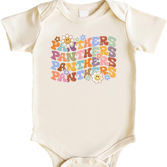 Natural colored Panthers fan tee with groovy rainbow lettering and vintage smiley flower accents