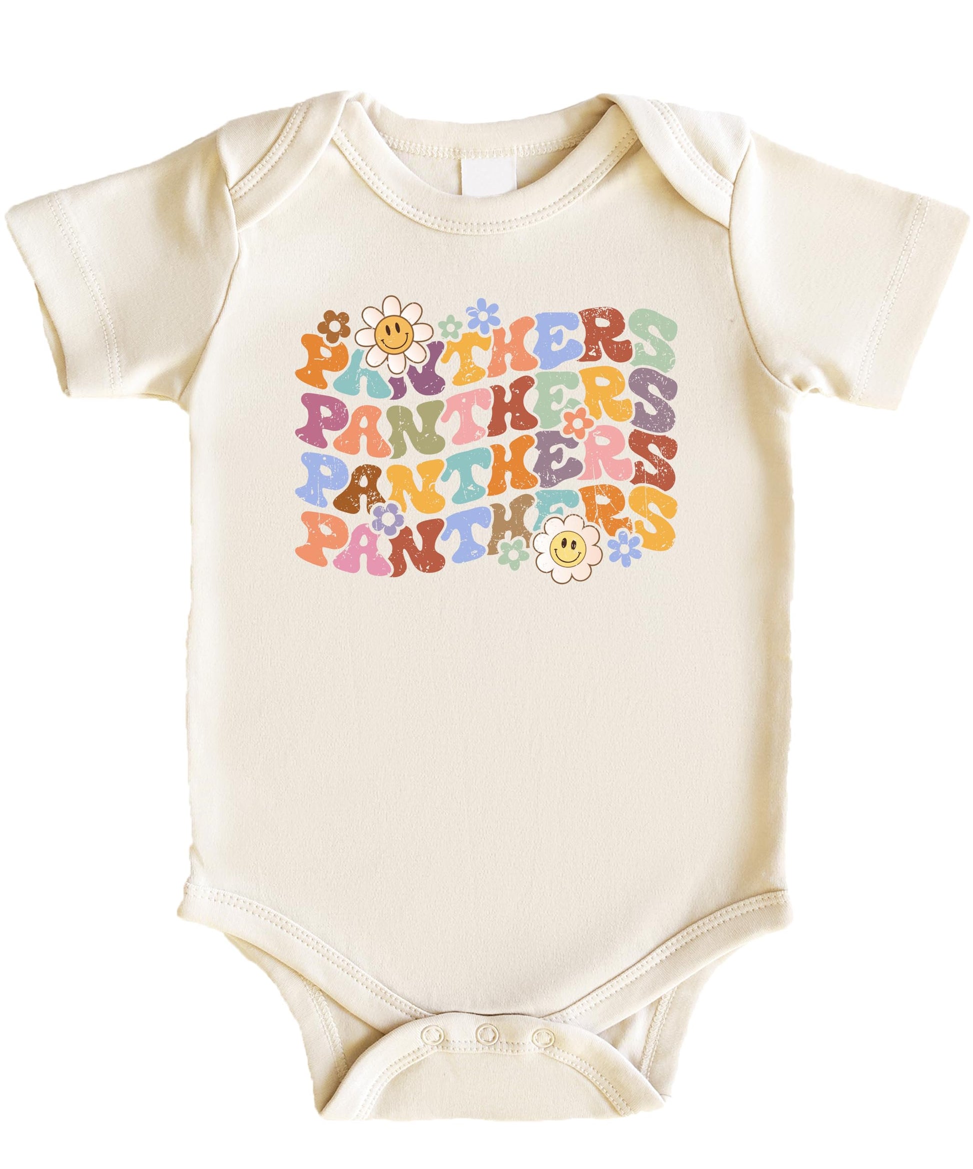 Natural colored Panthers fan tee with groovy rainbow lettering and vintage smiley flower accents