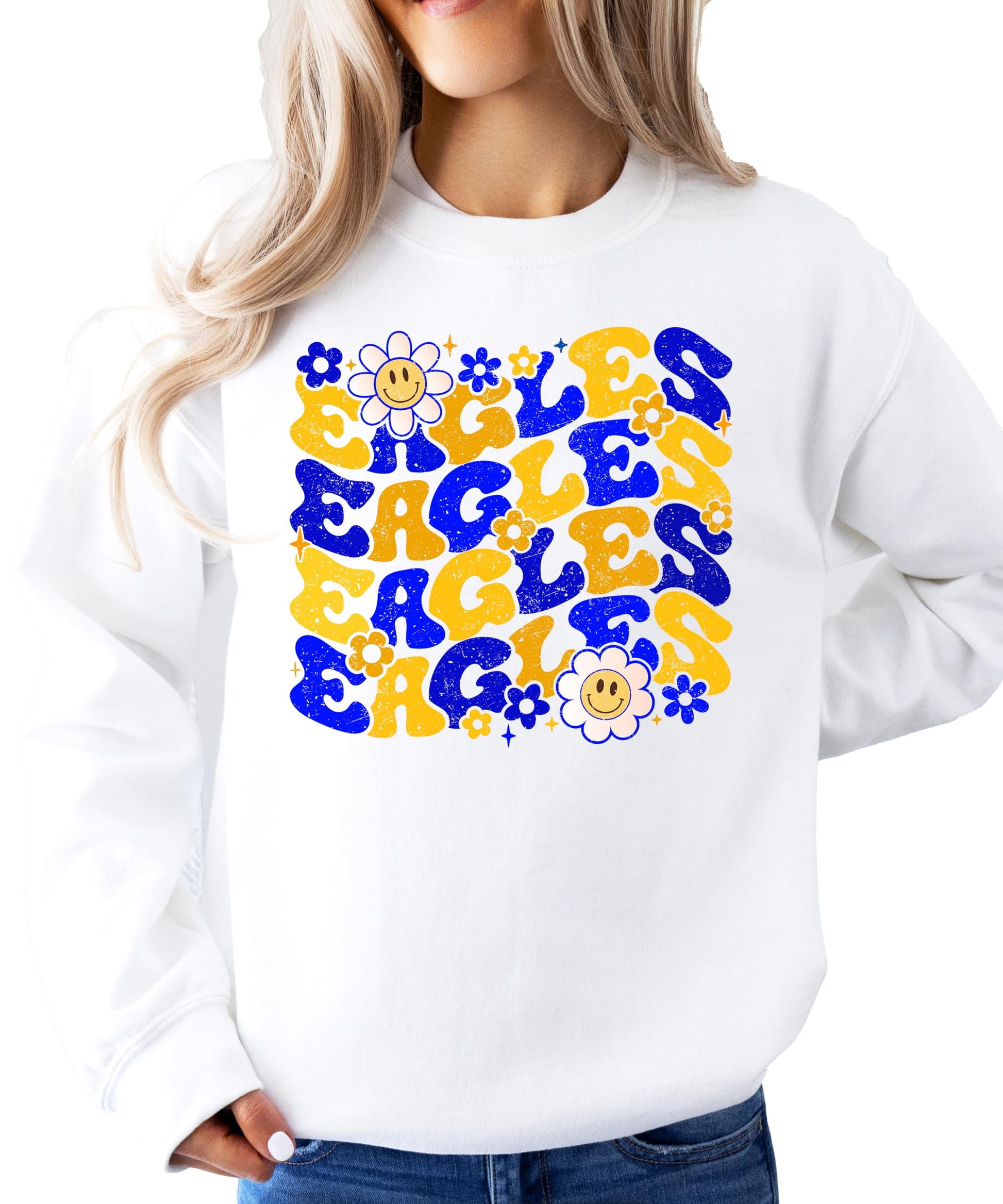 Close-up of bold retro EAGLES lettering and colorful flower graphic on gray sweatshirt