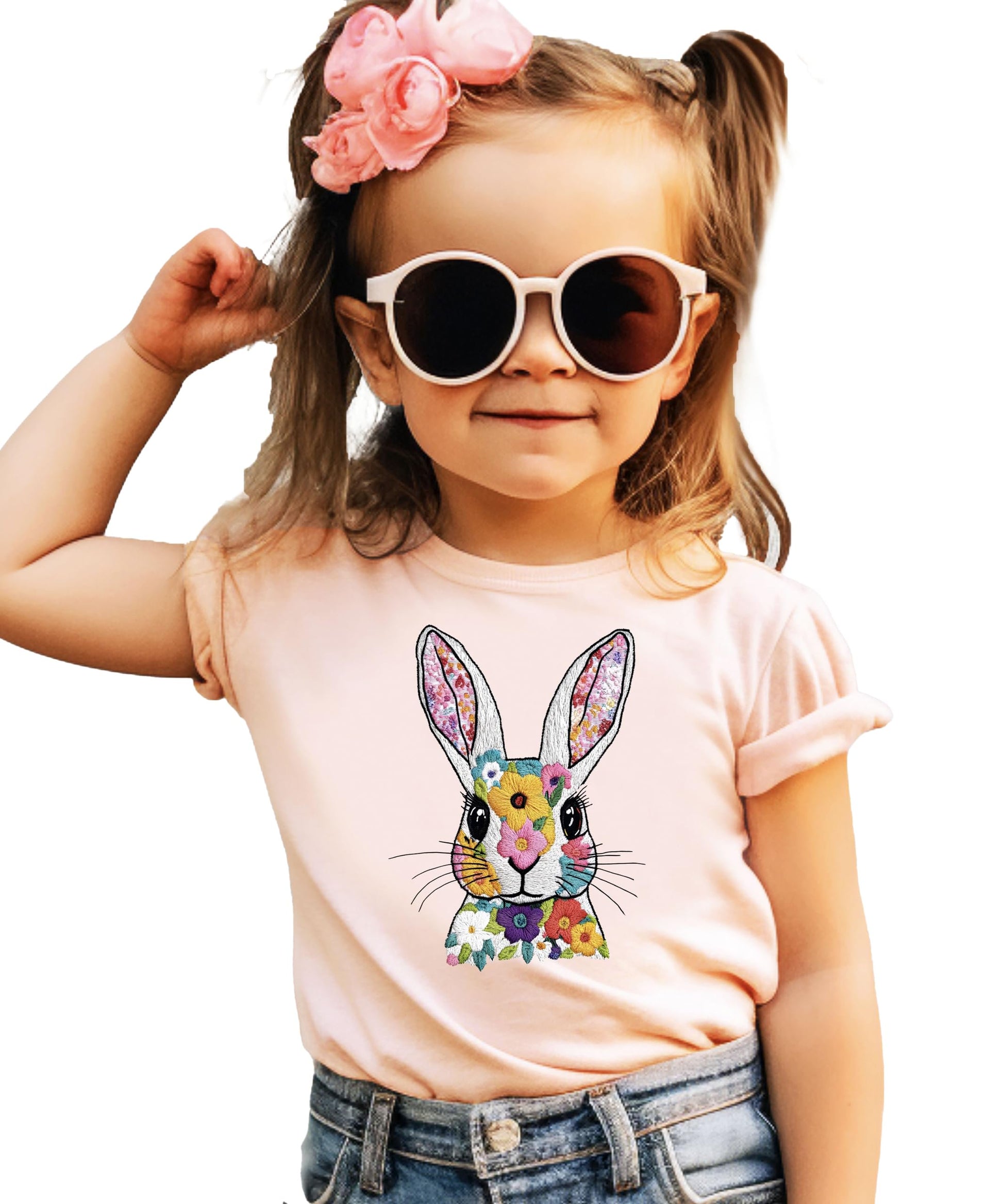 Women's Easter bunny shirt styled with jeans showing relaxed fit and spring design