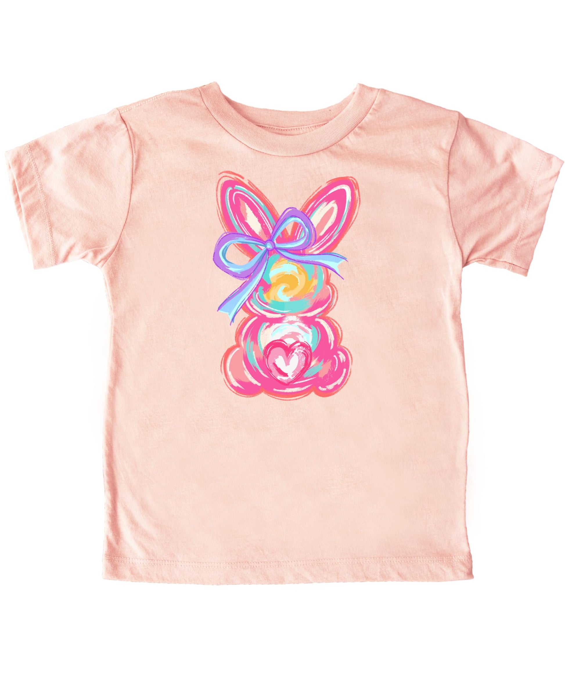 Young girl wearing purple Easter bunny graphic tee, spring coquette style