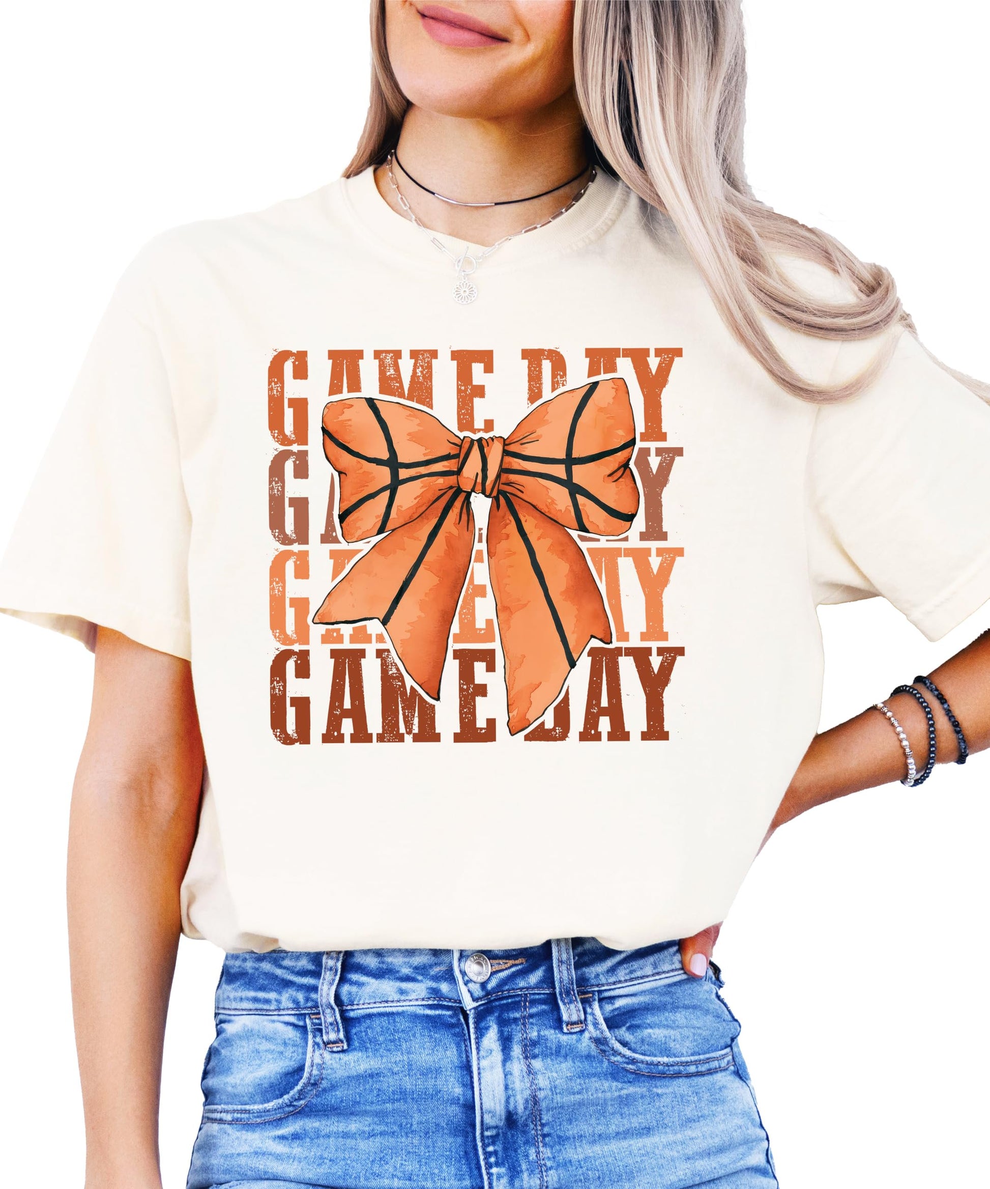 Full front view of girly basketball t-shirt with bow graphic