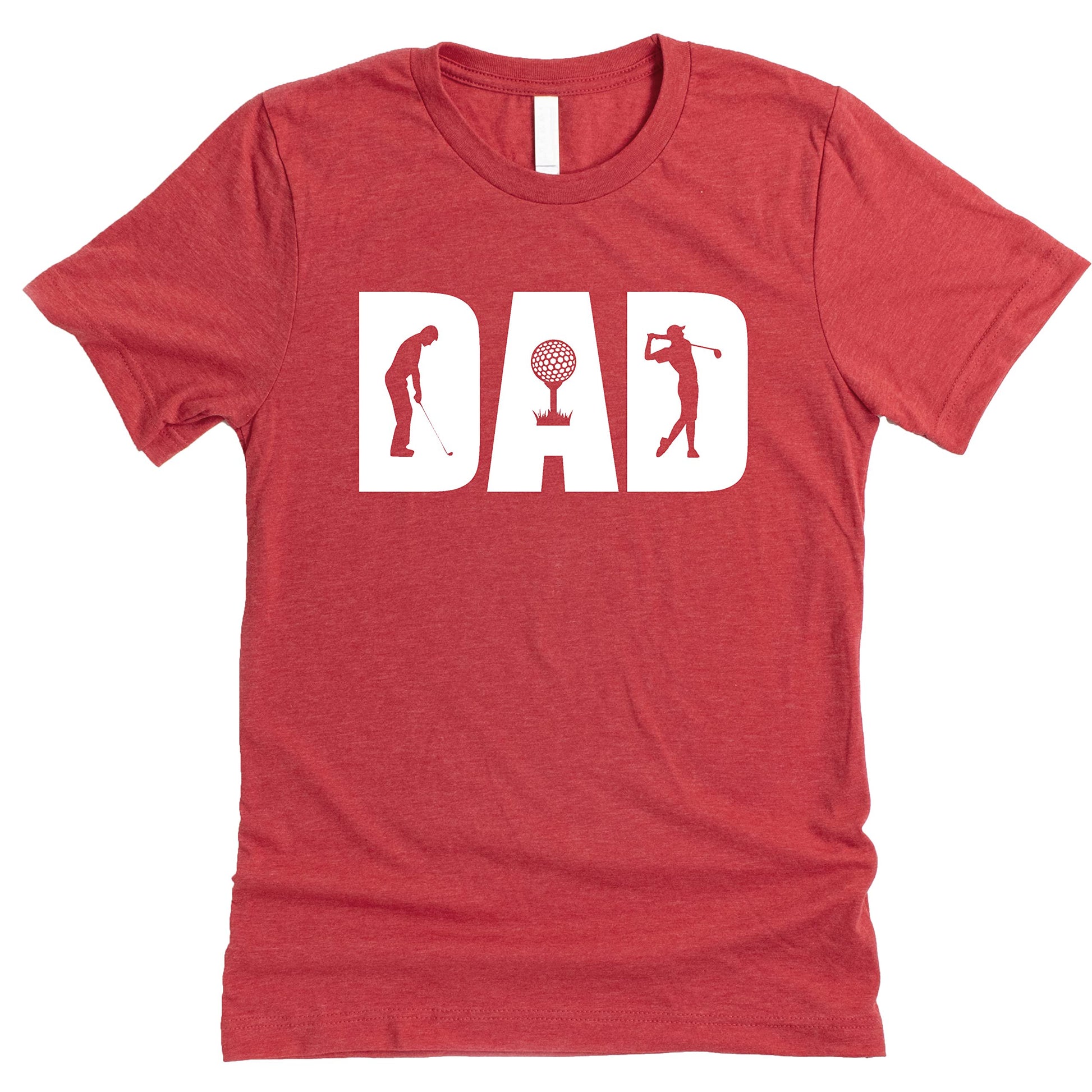 Close-up of vintage golf graphic print on red men's t-shirt from Olive Loves Apple