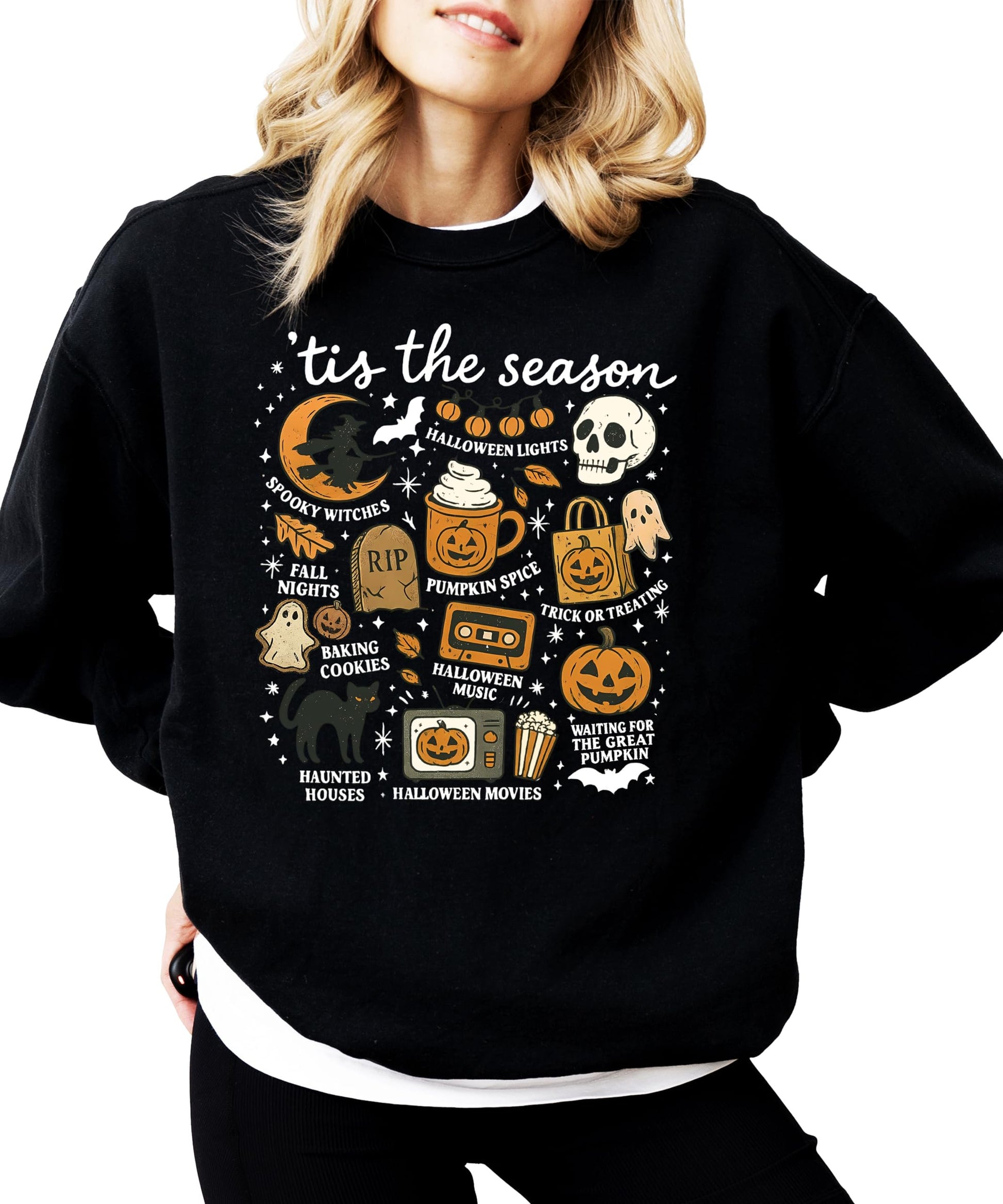 Close-up detail of Halloween pumpkin and ghost print design on gray sweatshirt