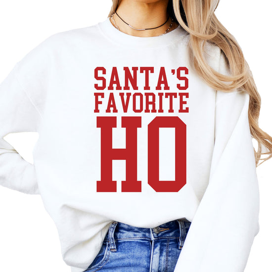 Santa's Favorite Ho sweatshirt displayed flat showing full design and fit