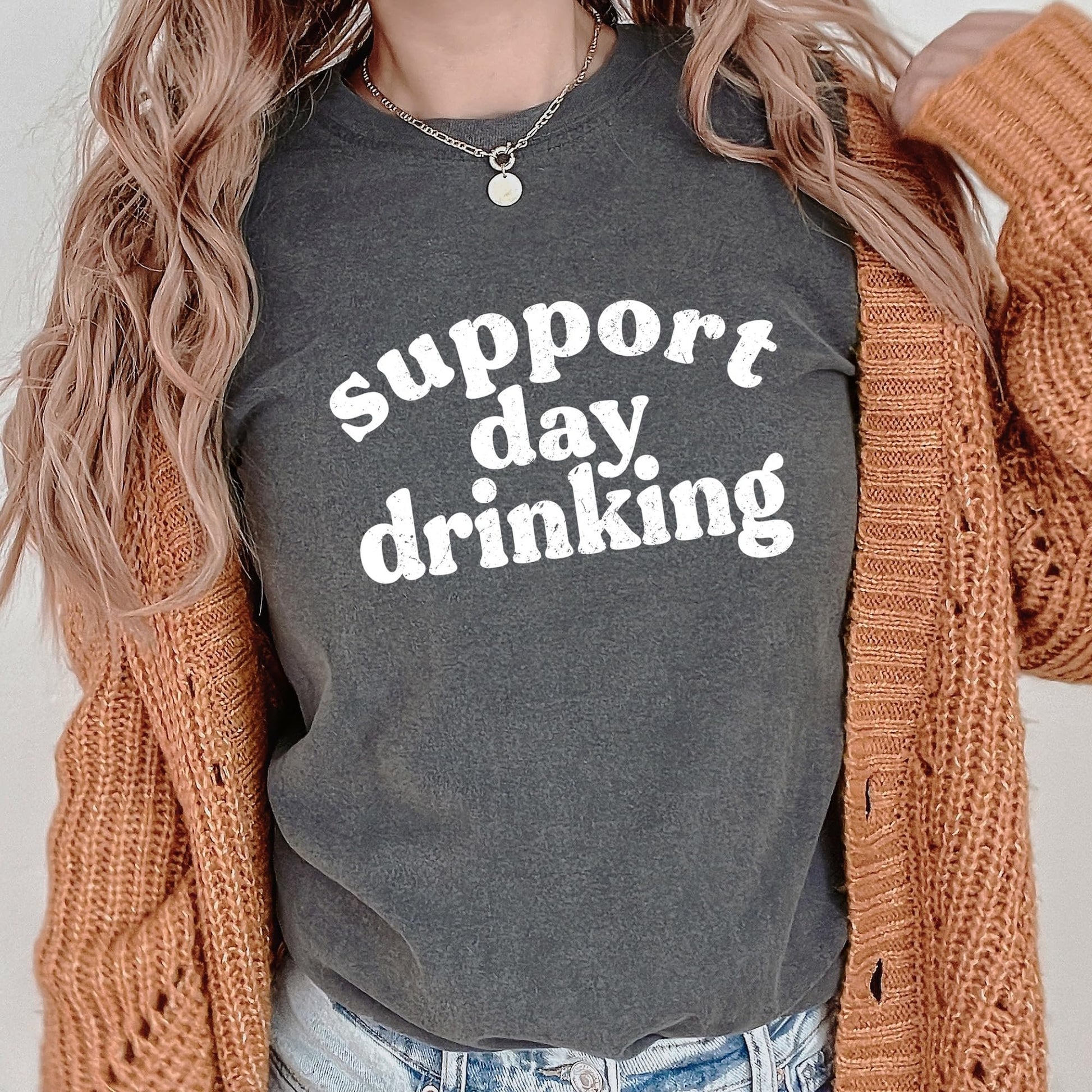 Woman modeling Support Day Drinking funny graphic tee front view