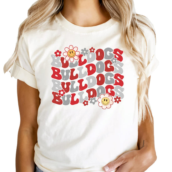Close-up of red Bulldogs team shirt showing high-quality print detail
