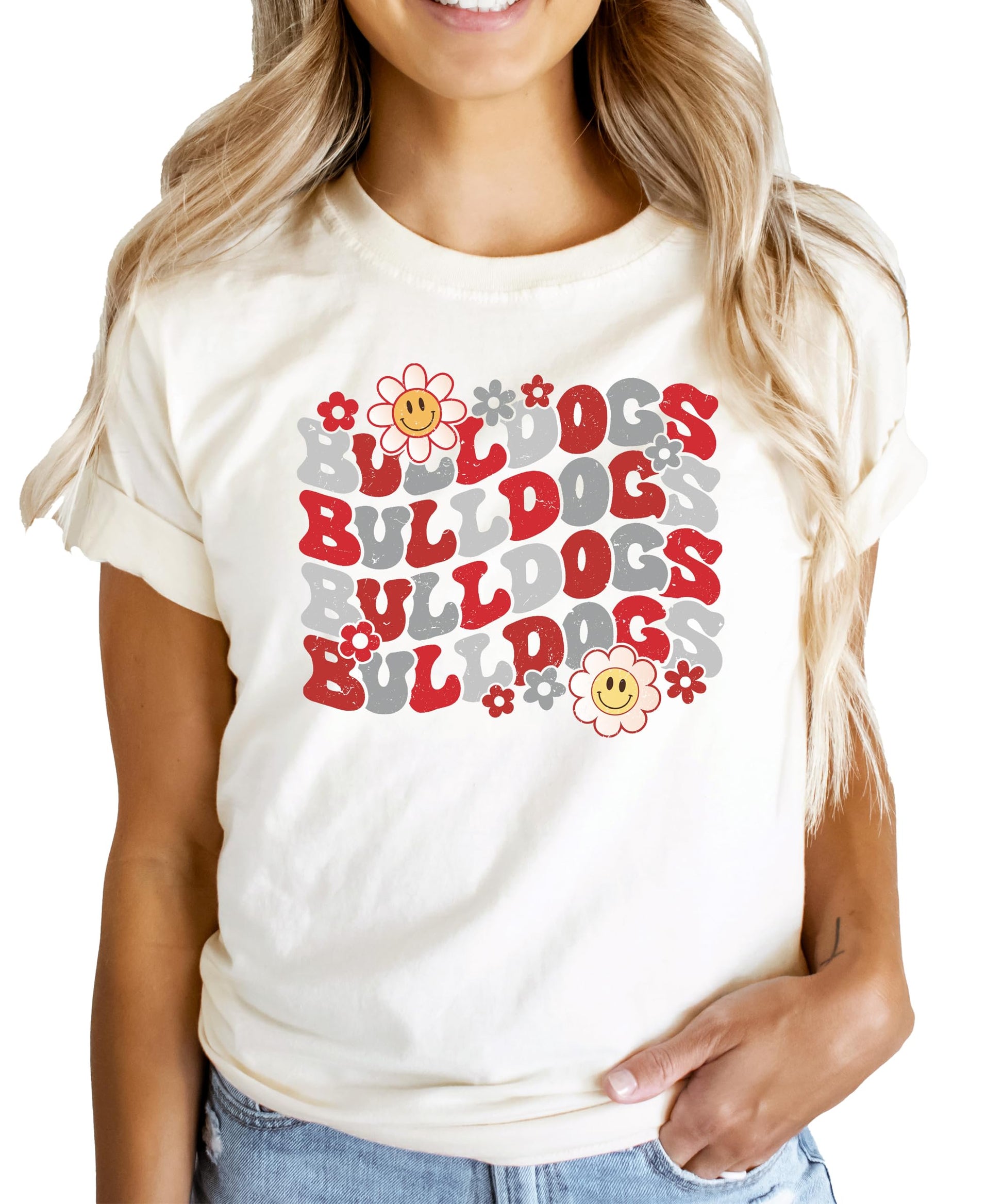 Close-up of red Bulldogs team shirt showing high-quality print detail