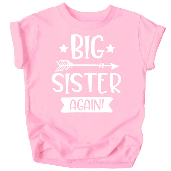 Mauve Big Sister Again arrow graphic t-shirt for toddler girls sibling announcement
