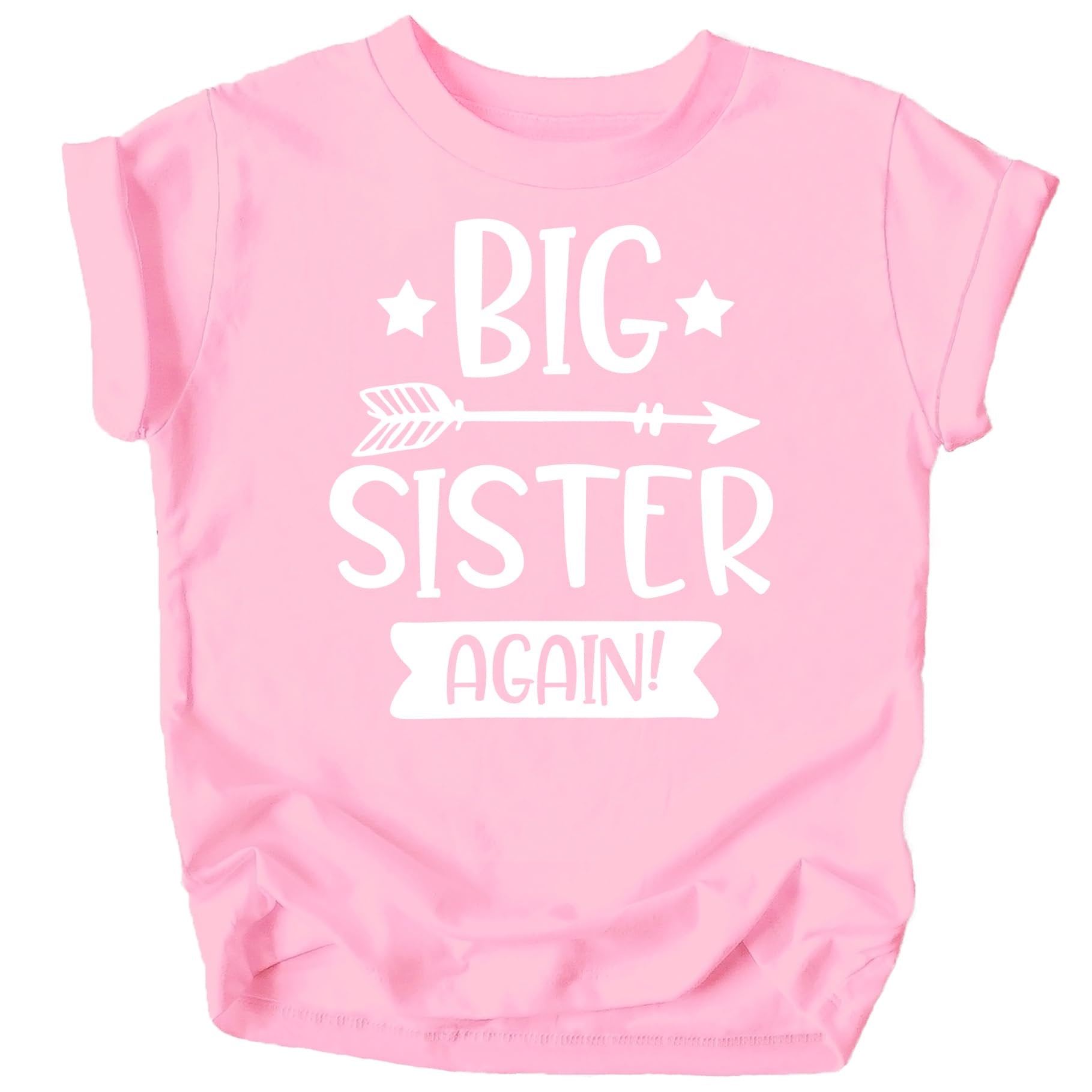 Mauve Big Sister Again arrow graphic t-shirt for toddler girls sibling announcement