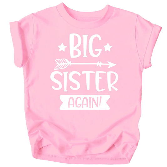 Mauve Big Sister Again arrow graphic t-shirt for toddler girls sibling announcement