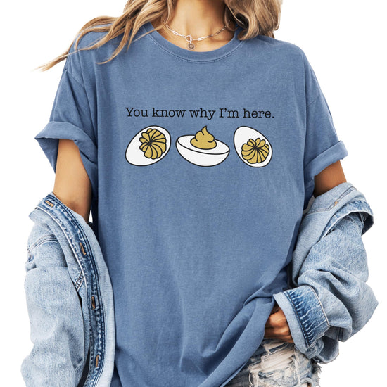 Detail shot of You Know Why I'm Here text and deviled egg graphic