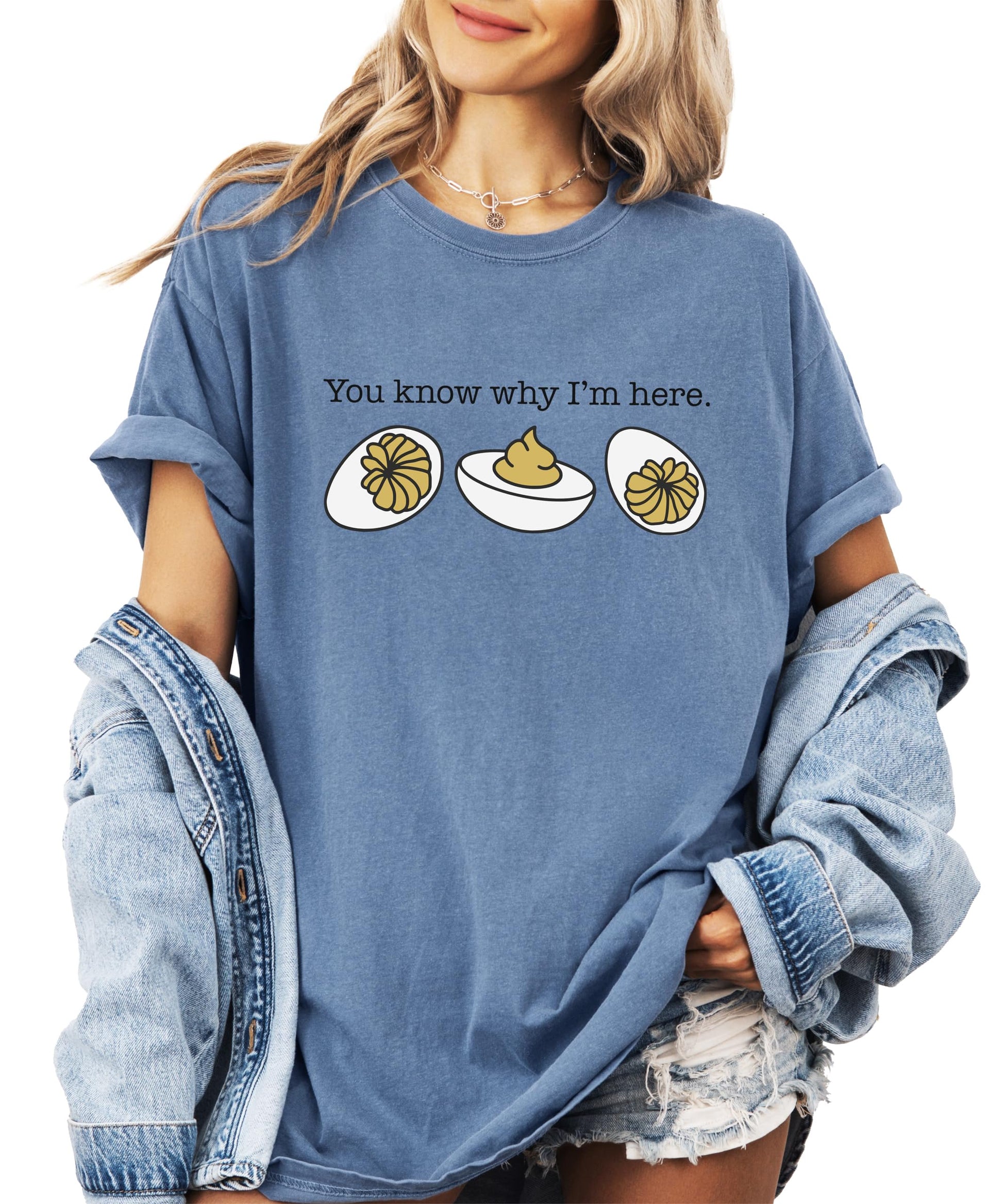 Detail shot of You Know Why I'm Here text and deviled egg graphic
