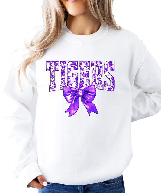 Tigers Purple Floral Bow Sweatshirt for Women, Teens & Kids School Sports Fan Pullover