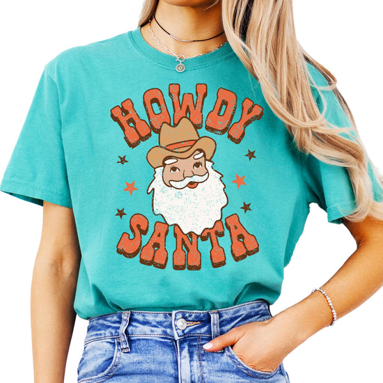 Howdy Santa country Christmas tee styled casually for holiday wear, seafoam color