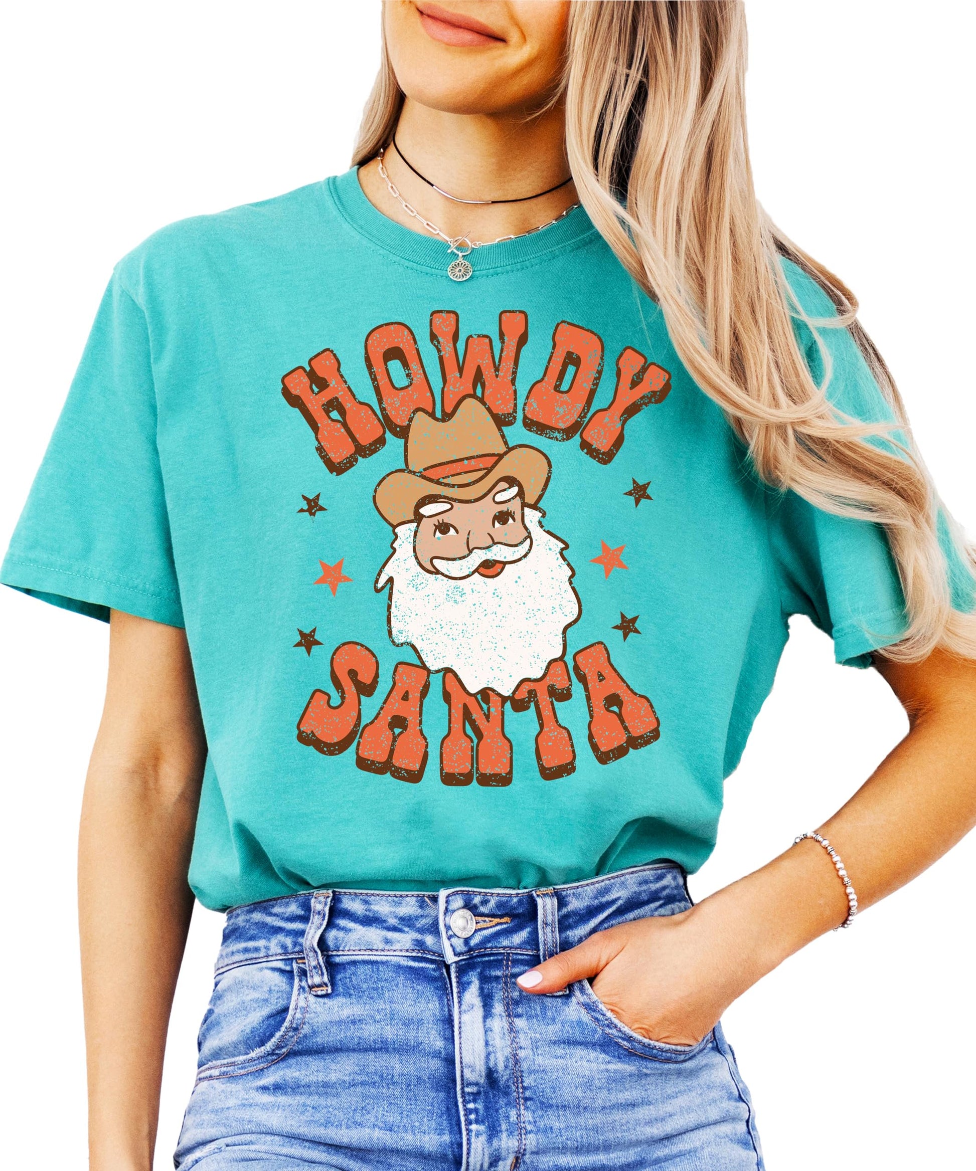 Howdy Santa country Christmas tee styled casually for holiday wear, seafoam color