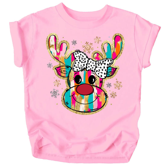 Girls' pink Christmas tee featuring a colorful faux glitter reindeer with a bow and red nose graphic
