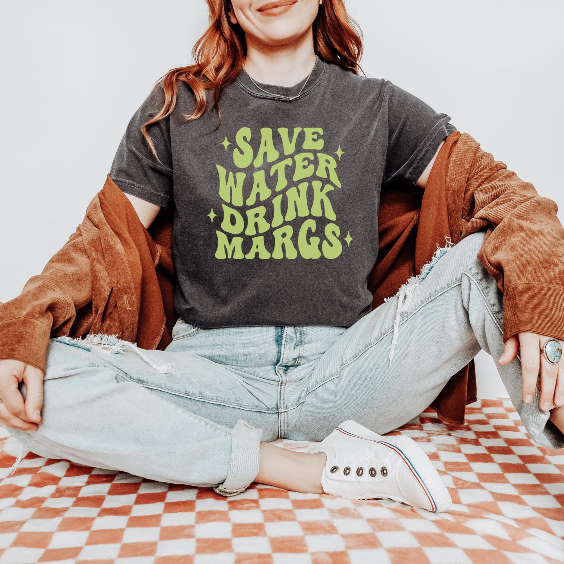 Save Water Drink Margs women's t-shirt product mockup showing fit and design
