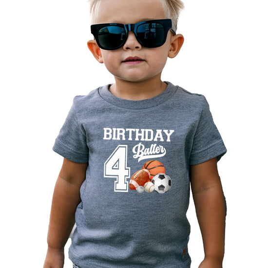 Detail shot of birthday baller 4th birthday t-shirt print quality on kids graphic tee