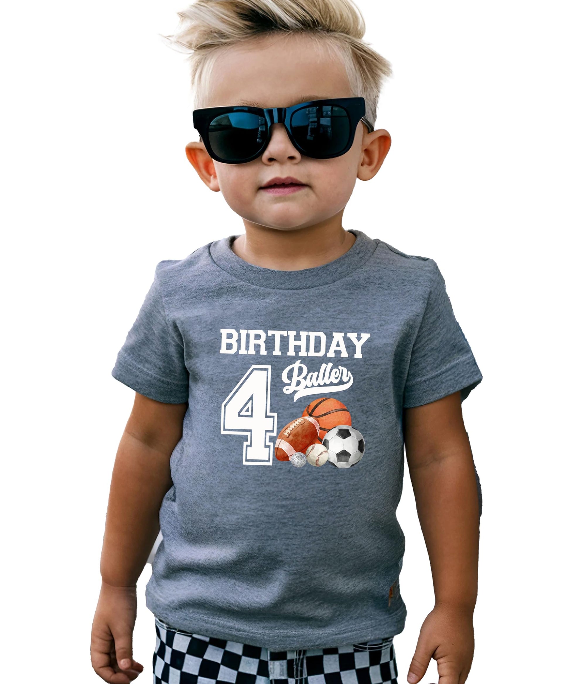 Detail shot of birthday baller 4th birthday t-shirt print quality on kids graphic tee