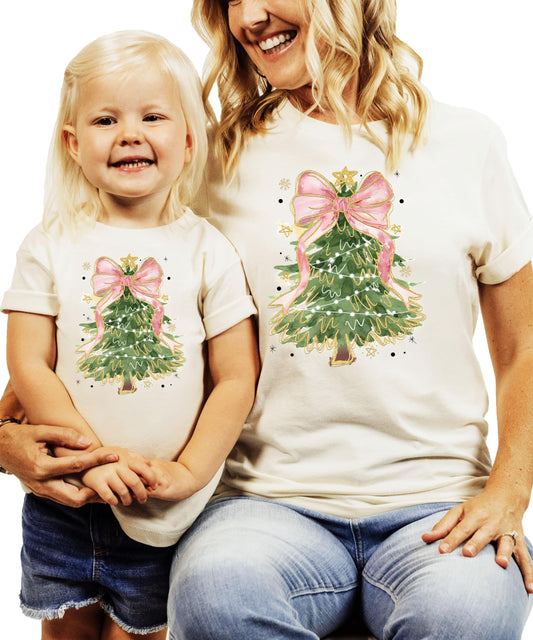 Christmas Tree Pink Bow Graphic Tee for Women & Girls
