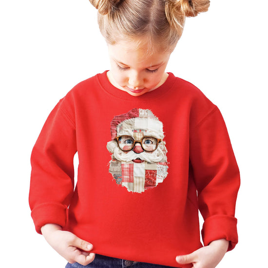 Side or alternate view of black faux patch Santa Christmas sweatshirt showing print quality and fit