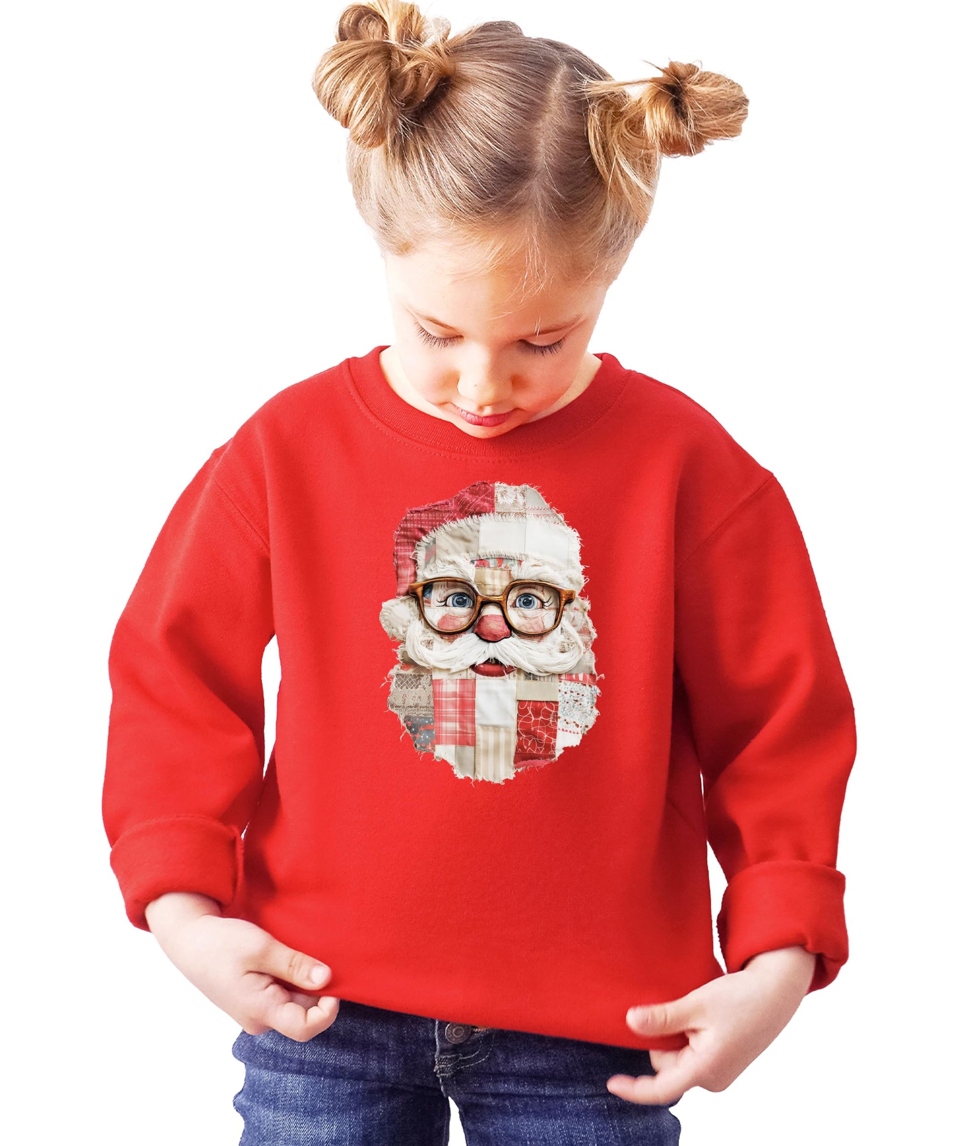 Side or alternate view of black faux patch Santa Christmas sweatshirt showing print quality and fit
