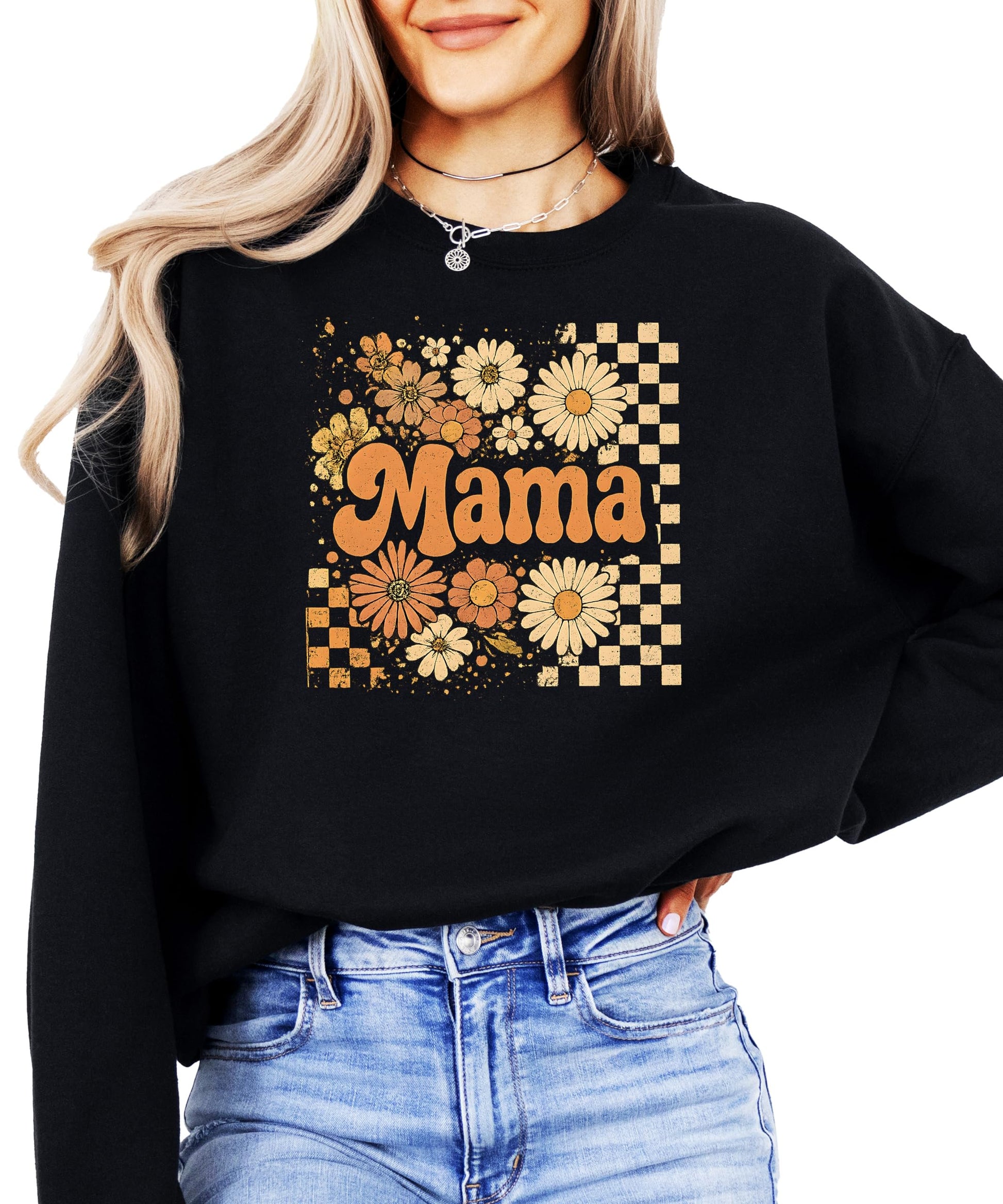 Women's black crewneck sweatshirt with retro checkered and orange daisy floral mama graphic on front