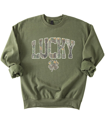 Olive Loves Apple Lucky Camo Sweatshirt - St. Patrick’s Day Shamrock Graphic Crewneck for Men, Women, & Kids