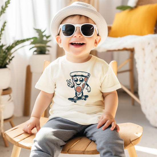 Front view of toddler boys 2nd birthday pizza graphic tee in natural color