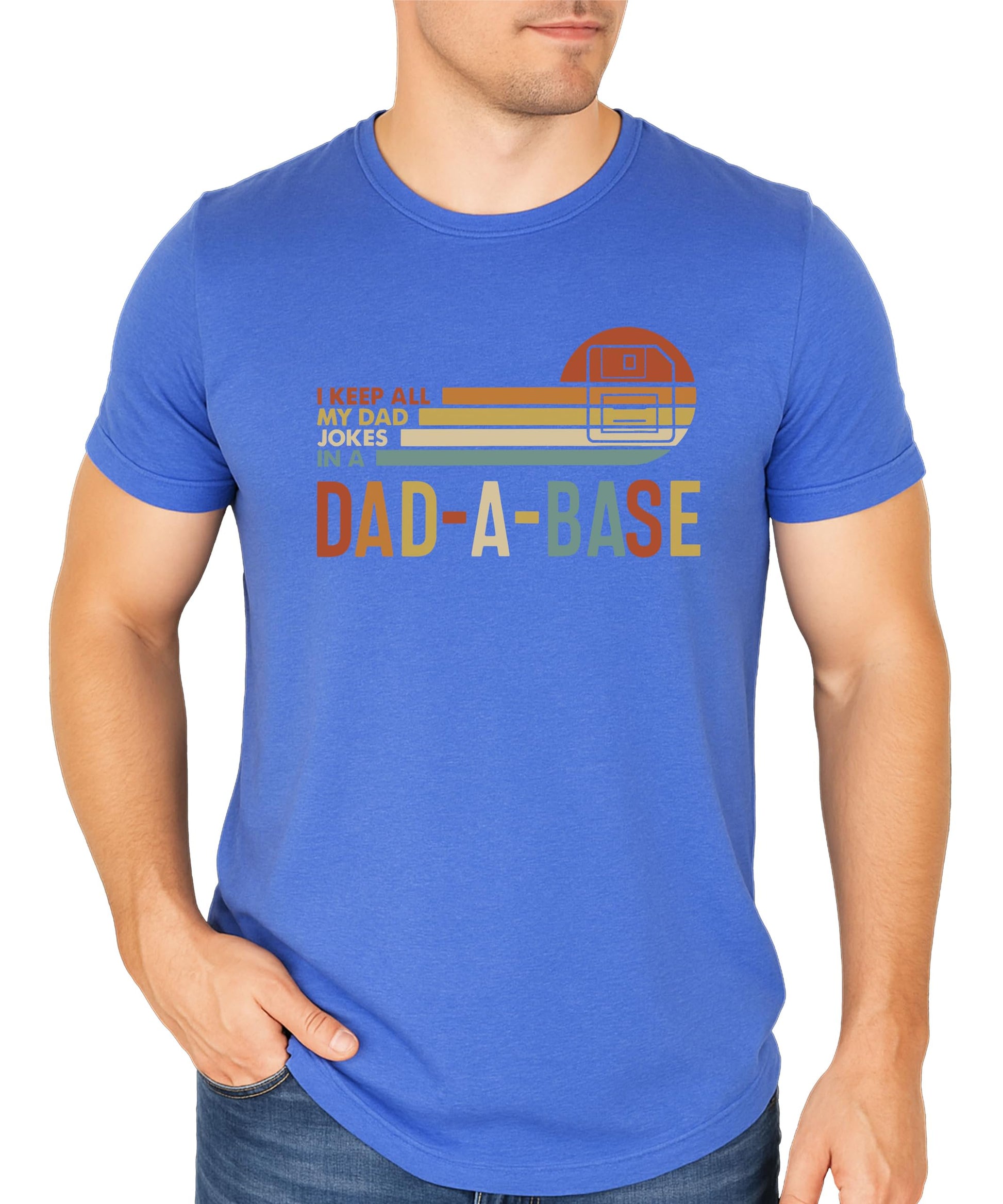 Men's heather blue Dad-A-Base funny dad jokes graphic t-shirt with retro floppy disk design